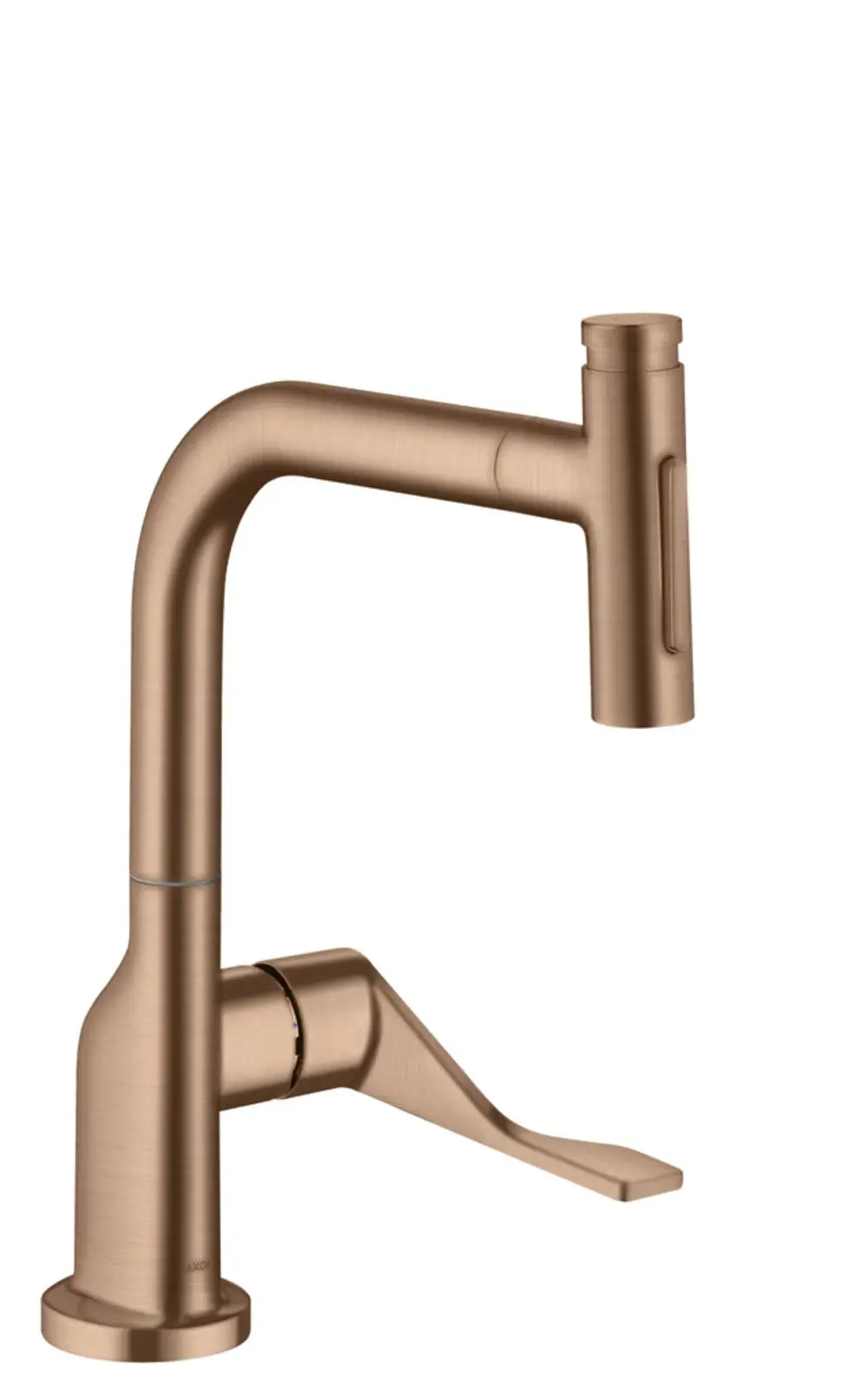 Einhebel-Küchenmischer von AXOR in gebürstetem Rotgold mit ausziehbarer Brause und schlankem, funktionalem Design.